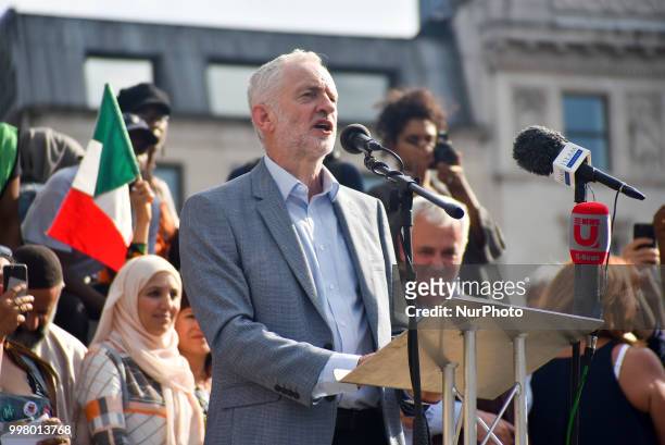 Labour Party leader Jeremy Corbyn gives a speech during a rally against the US President Donald Trumps visit to the UK, including a giant inflatable...