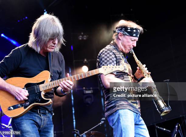 American jazz guitarist Mike Stern and saxophonist Klaus Doldinger in performance at the Wings of Freedom concert at the Sziget Festival in Budapest,...