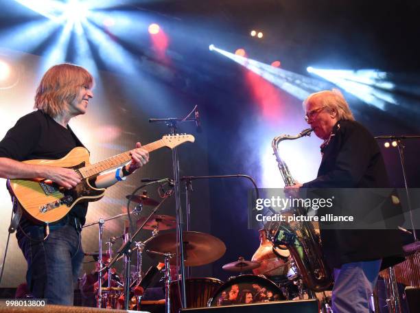 American jazz guitarist Mike Stern and saxophonist Klaus Doldinger in performance at the Wings of Freedom concert at the Sziget Festival in Budapest,...