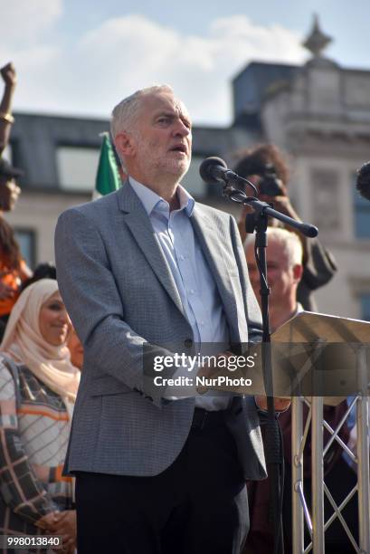 Labour Party leader Jeremy Corbyn gives a speech during a rally against the US President Donald Trumps visit to the UK, including a giant inflatable...