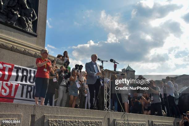 Labour Party leader Jeremy Corbyn gives a speech during a rally against the US President Donald Trumps visit to the UK, including a giant inflatable...