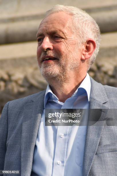 Labour Party leader Jeremy Corbyn gives a speech during a rally against the US President Donald Trumps visit to the UK, including a giant inflatable...