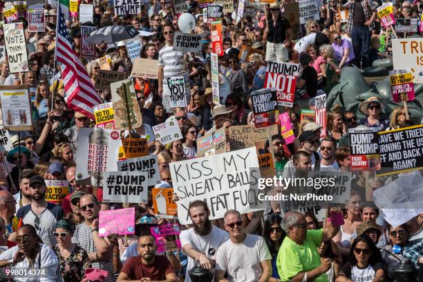 People crowd on Trafalgar square, London to protest against American president, Donald Trump visit to the UK on 13 of July, 2018. The demonstration...