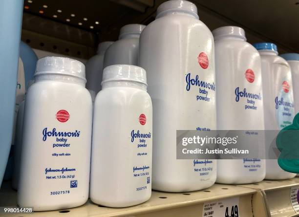 Containers of Johnson's baby powder made by Johnson and Johnson are displayed on a shelf on July 13, 2018 in San Francisco, California. A Missouri...