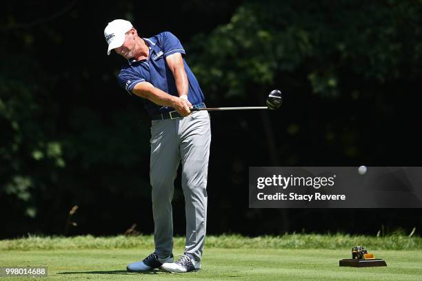 Steve Stricker hits his tee shot on the second hole during the second round of the John Deere Classic at TPC Deere Run on July 13, 2018 in Silvis,...