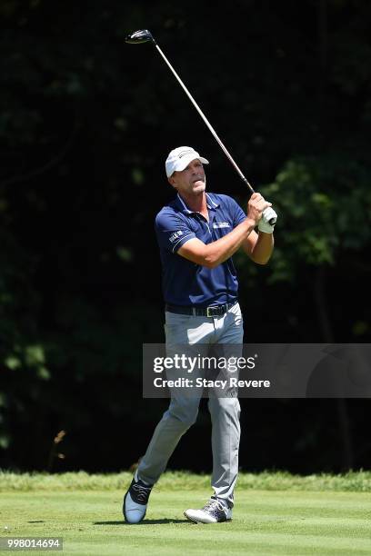 Steve Stricker hits his tee shot on the second hole during the second round of the John Deere Classic at TPC Deere Run on July 13, 2018 in Silvis,...