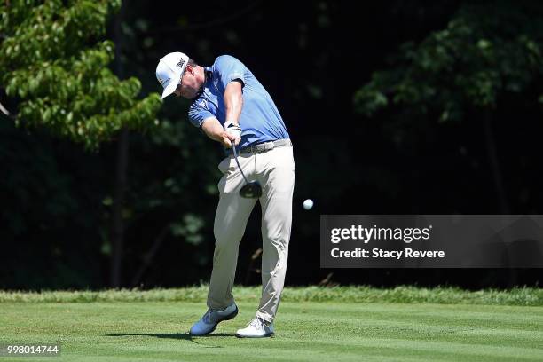 Zach Johnson hits his tee shot on the second hole during the second round of the John Deere Classic at TPC Deere Run on July 13, 2018 in Silvis,...