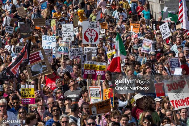 People crowd on Trafalgar square, London to protest against American president, Donald Trump visit to the UK on 13 of July, 2018. The demonstration...