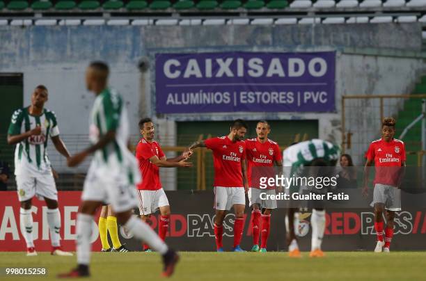 Benfica forward Facundo Ferreyra from Argentina celebrates with teammates after scoring a goal during the Pre-Season Friendly match between SL...