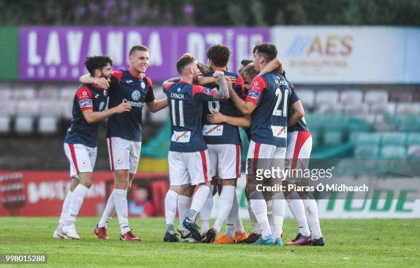 Dublin , Ireland - 13 July 2018; Sligo Rovers players celebrate their first goal scored by David Cawley during the SSE Airtricity League Premier...