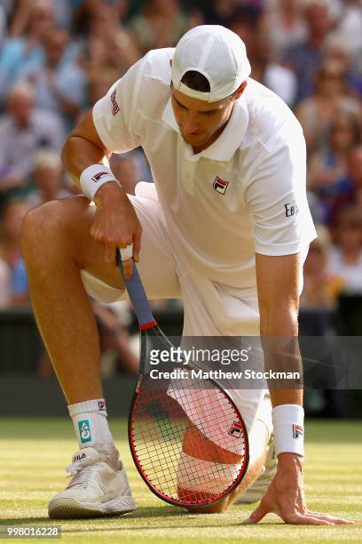 John Isner of The United States reacts during his Men's Singles semi-final match against Kevin Anderson of South Africa on day eleven of the...