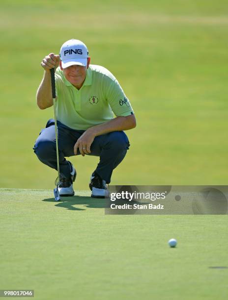 Jeff Maggert studies his putt on the 18th hole during the second round of the PGA TOUR Champions Constellation SENIOR PLAYERS Championship at Exmoor...