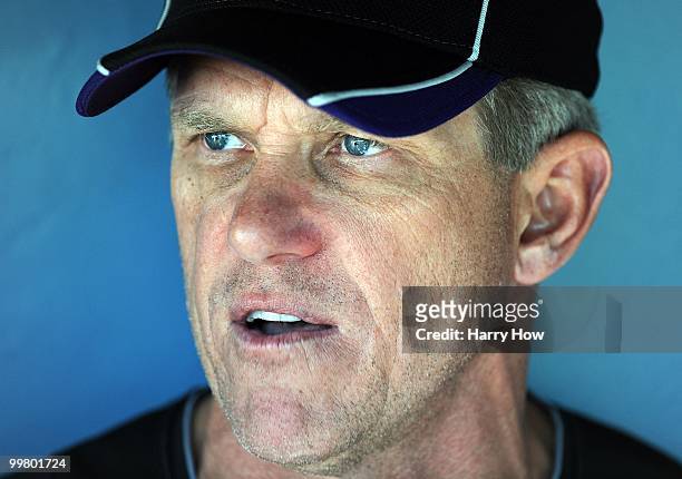 Manager Jim Tracy of the Colorado Rockies speaks to reporters before the game against the Los Angeles Dodgers at Dodger Stadium on May 7, 2010 in Los...
