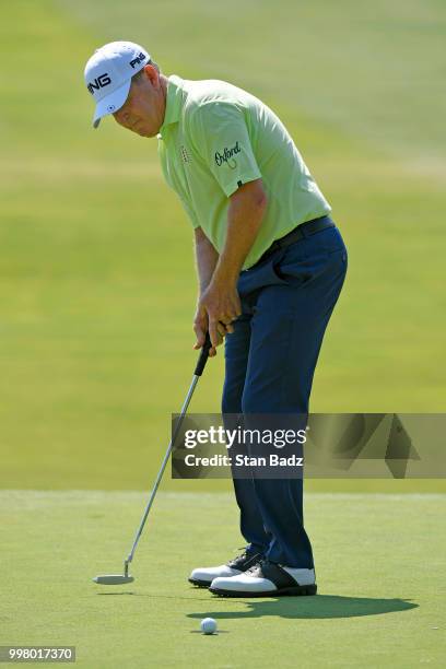 Jeff Maggert watches his putt lip out from the cup on the 18th hole during the second round of the PGA TOUR Champions Constellation SENIOR PLAYERS...