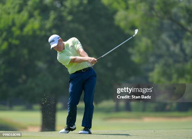 Jeff Maggert plays a shot on the 18th hole during the second round of the PGA TOUR Champions Constellation SENIOR PLAYERS Championship at Exmoor...