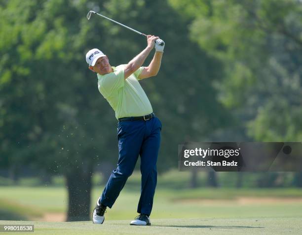 Jeff Maggert plays a shot on the 18th hole during the second round of the PGA TOUR Champions Constellation SENIOR PLAYERS Championship at Exmoor...
