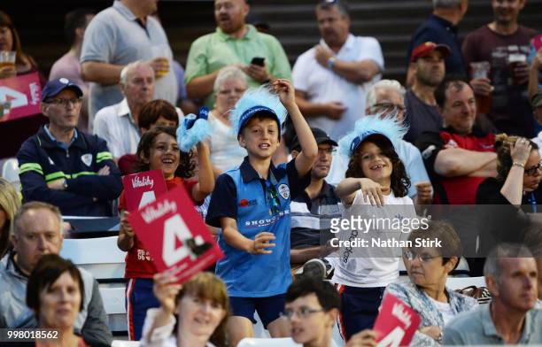 Fans during the Vitality Blast match between Derbyshire Falcons and Notts Outlaws at The 3aaa County Ground on July 13, 2018 in Derby, England.