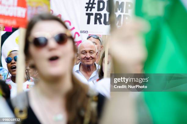 Former Mayor of London Ken Livingstone joins demonstrators opposing the UK visit of US President Donald Trump protest in London, England, on July 13,...