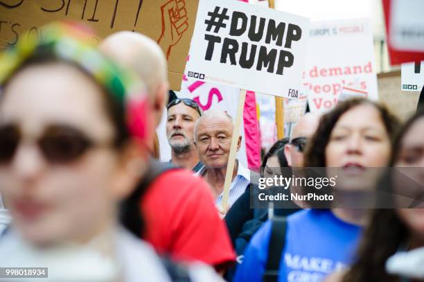 Former Mayor of London Ken Livingstone joins demonstrators opposing the UK visit of US President Donald Trump protest in London, England, on July 13,...