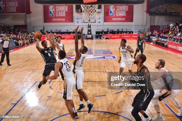 Semaj Christon of the Brooklyn Nets goes to the basket against the Indiana Pacers during the 2018 Las Vegas Summer League on July 13, 2018 at the Cox...