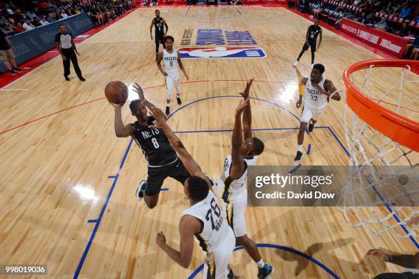 Semaj Christon of the Brooklyn Nets goes to the basket against the Indiana Pacers during the 2018 Las Vegas Summer League on July 13, 2018 at the Cox...