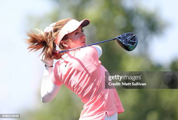 Jillian Hollis watches her tee shot on the fifth hole during the second round of the Marathon Classic Presented By Owens Corning And O-I at Highland...