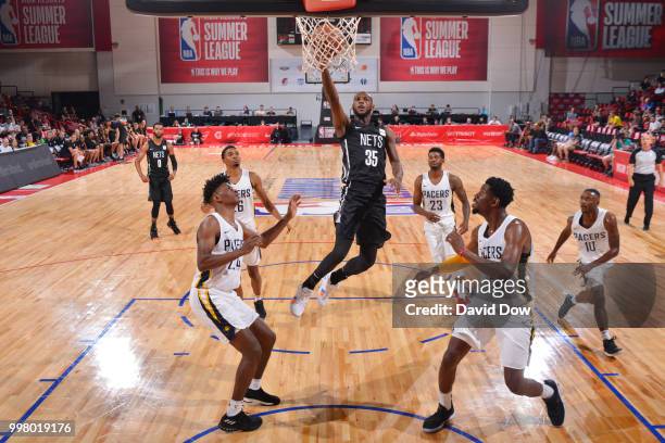 Milton Doyle of the Brooklyn Nets goes to the basket against the Indiana Pacers during the 2018 Las Vegas Summer League on July 13, 2018 at the Cox...