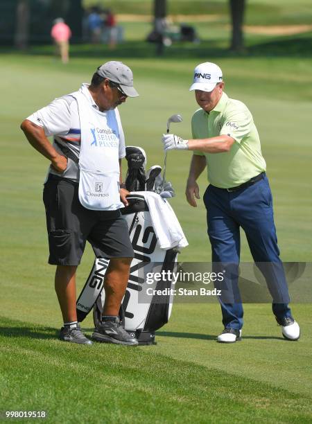 Jeff Maggert plays a shot on the 18th hole during the second round of the PGA TOUR Champions Constellation SENIOR PLAYERS Championship at Exmoor...