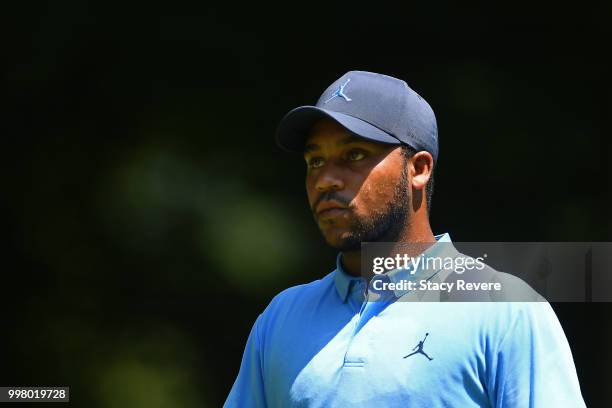 Harold Varner III walks off the sixth tee during the second round of the John Deere Classic at TPC Deere Run on July 13, 2018 in Silvis, Illinois.