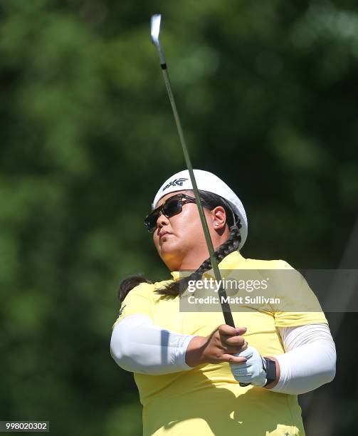 Christina Kim watches her tee shot on the eighth hole during the second round of the Marathon Classic Presented By Owens Corning And O-I at Highland...