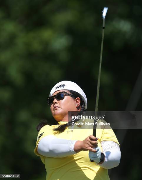 Christina Kim watches her tee shot on the eighth hole during the second round of the Marathon Classic Presented By Owens Corning And O-I at Highland...