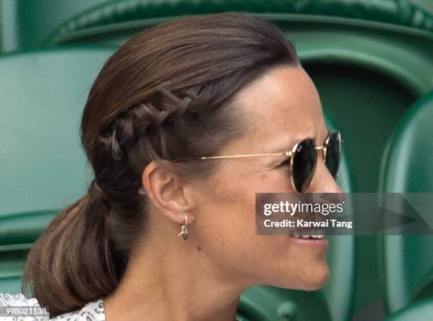 Pippa Middleton, hair detail, attends day eleven of the Wimbledon Tennis Championships at the All England Lawn Tennis and Croquet Club on July 13,...