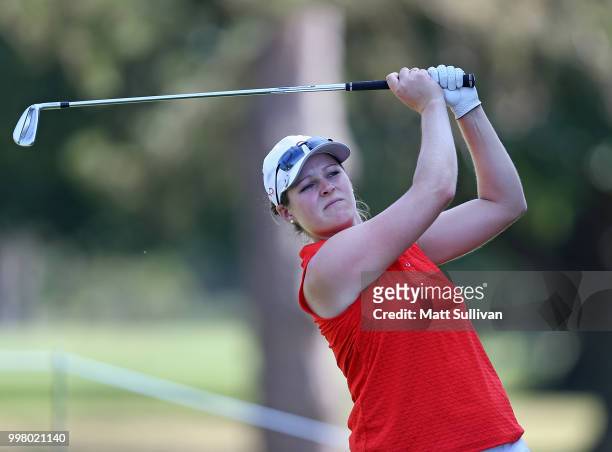 Ally McDonald watches her tee shot on the second hole during the second round of the Marathon Classic Presented By Owens Corning And O-I at Highland...