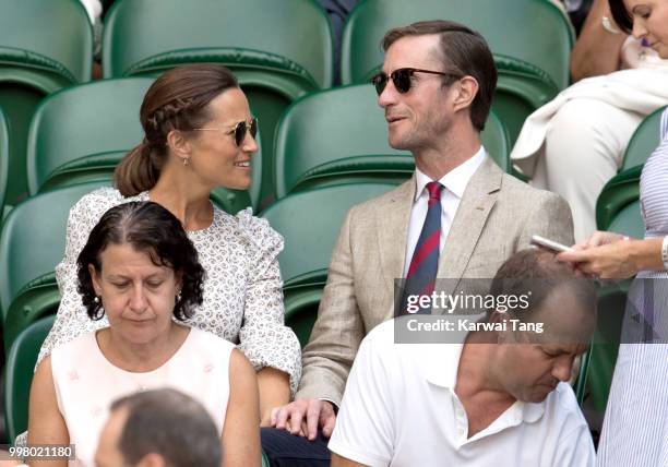 Pippa Middleton and James Matthews attend day eleven of the Wimbledon Tennis Championships at the All England Lawn Tennis and Croquet Club on July...