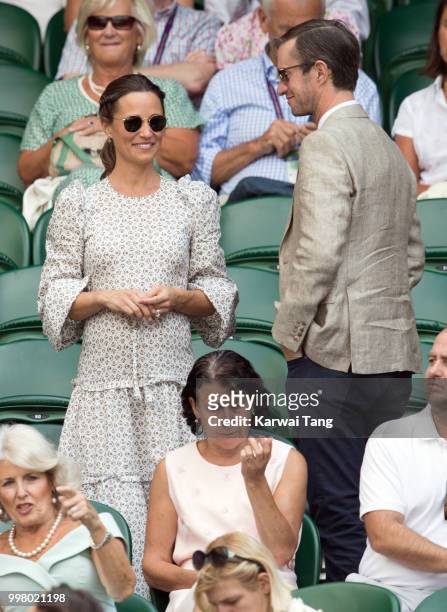 Pippa Middleton and James Matthews attend day eleven of the Wimbledon Tennis Championships at the All England Lawn Tennis and Croquet Club on July...