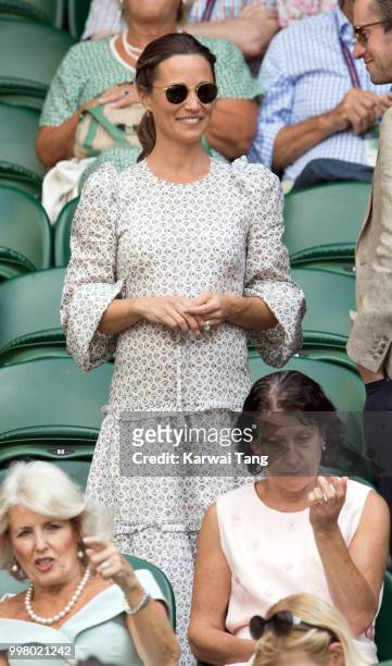 Pippa Middleton attends day eleven of the Wimbledon Tennis Championships at the All England Lawn Tennis and Croquet Club on July 13, 2018 in London,...