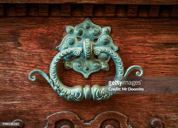 ornate brass door knocker - ugly cat stockfoto's en -beelden