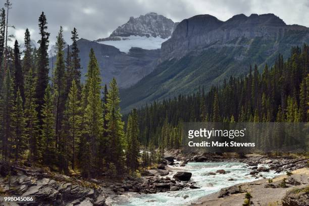 mount sarbach and the kaufman peaks as a backdrop for the mistaya river - mark kaufman stock pictures, royalty-free photos & images