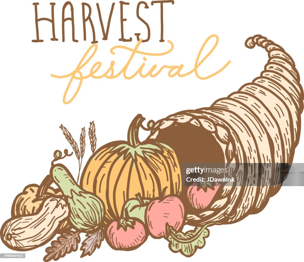 Autumn cornucopia greeting design filled with vegetables and fruit with hand lettered greeting
