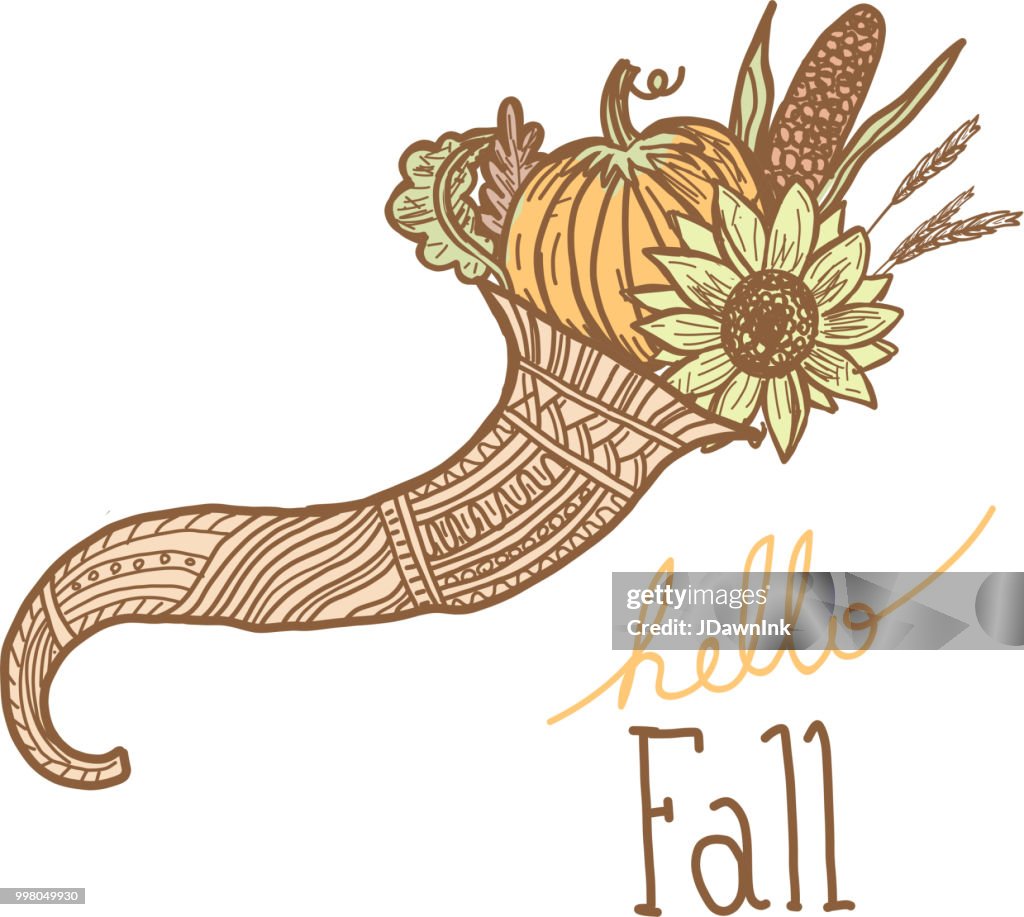 Autumn cornucopia greeting design filled with vegetables and fruit with hand lettered greeting