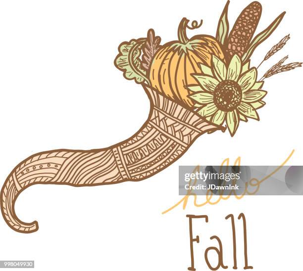 autumn cornucopia greeting design filled with vegetables and fruit with hand lettered greeting - lettered stock illustrations