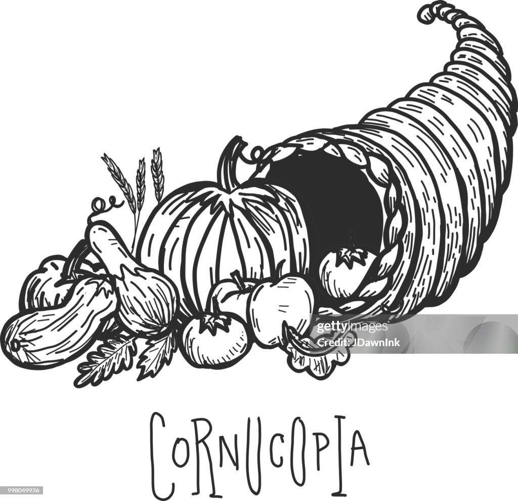 Autumn cornucopia greeting design filled with vegetables and fruit with hand lettered greeting