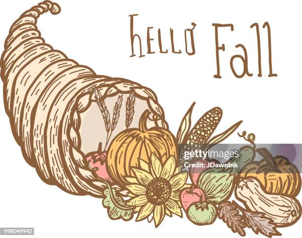 autumn cornucopia greeting design filled with vegetables and fruit with hand lettered greeting - lettered stock illustrations