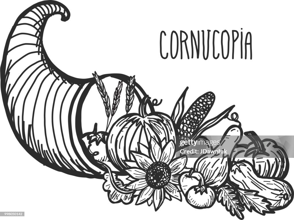 Autumn cornucopia greeting design filled with vegetables and fruit with hand lettered greeting