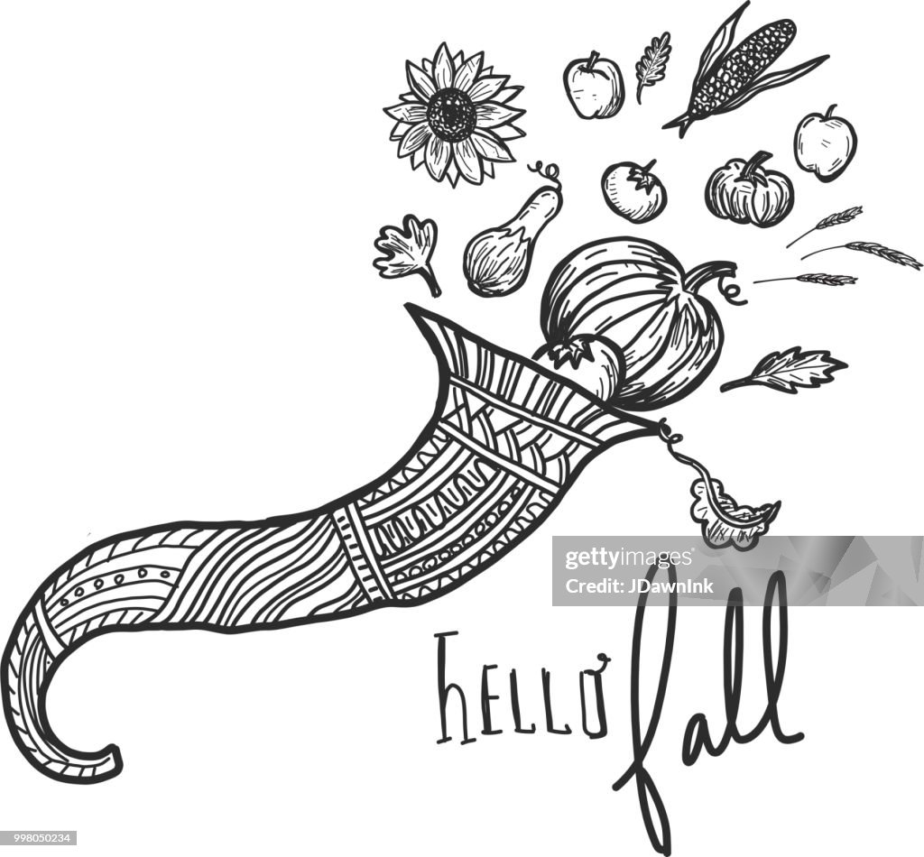 Autumn cornucopia greeting design filled with vegetables and fruit with hand lettered greeting