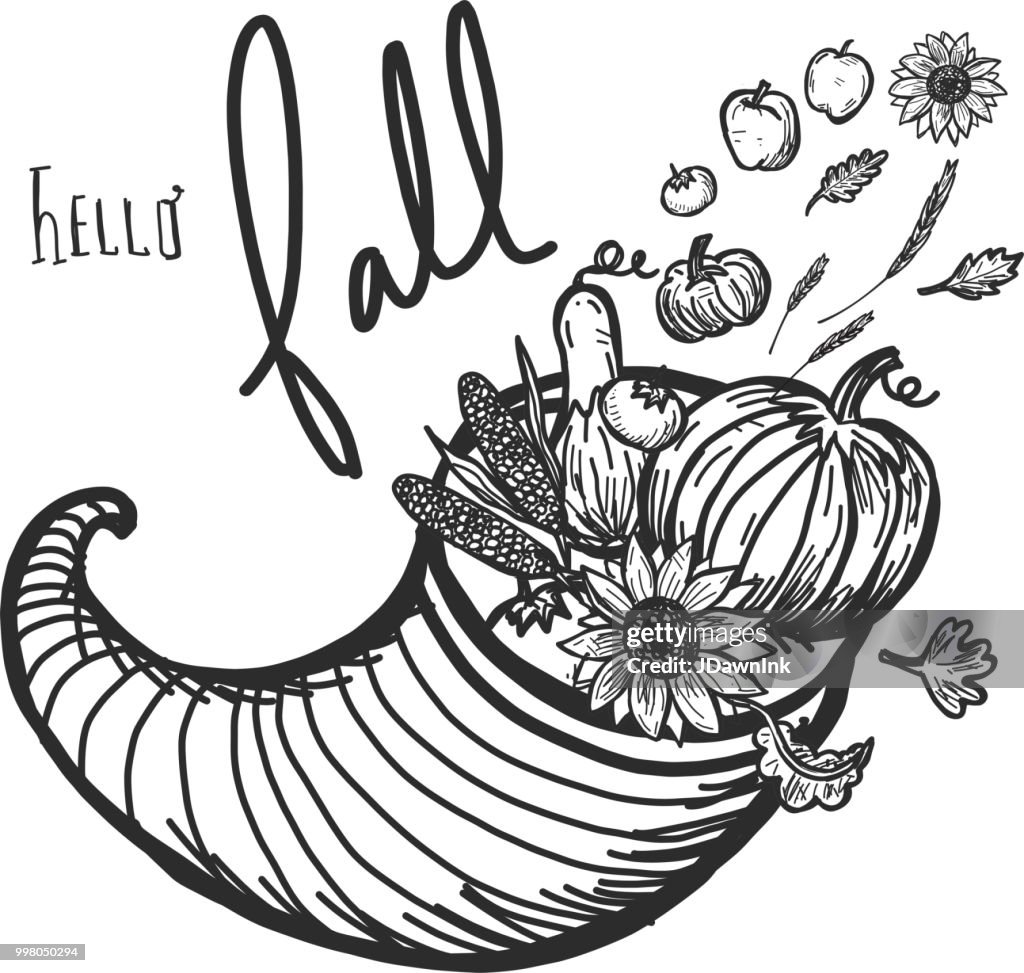Autumn cornucopia greeting design filled with vegetables and fruit with hand lettered greeting