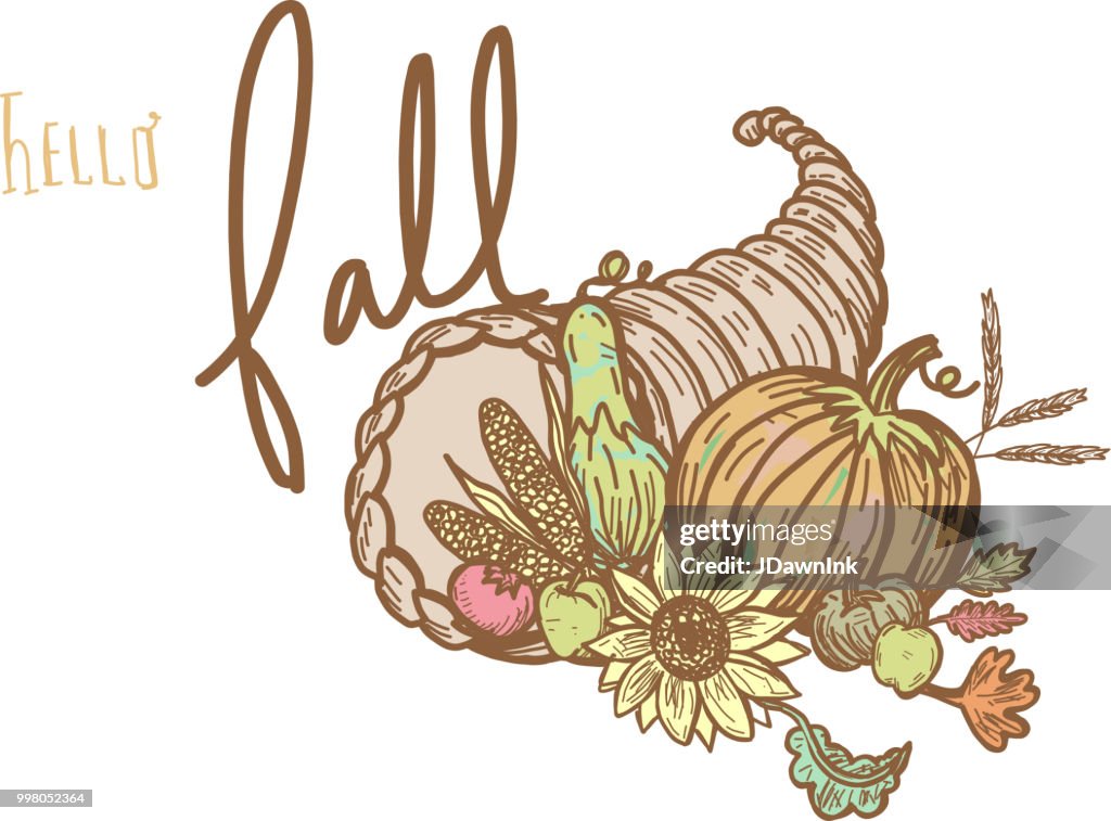 Autumn cornucopia greeting design filled with vegetables and fruit with hand lettered greeting