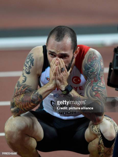 Ramil Guliyev from Turkey celebrating his victory at the men's 400 meter hurdling final at the IAAF World Championships, in London, UK, 10 August...