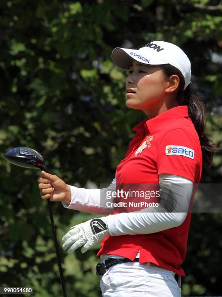 Sakura Yokomine reacts after hitting her shot from the 7th tee into the rough during the second round of the Marathon LPGA Classic golf tournament at...