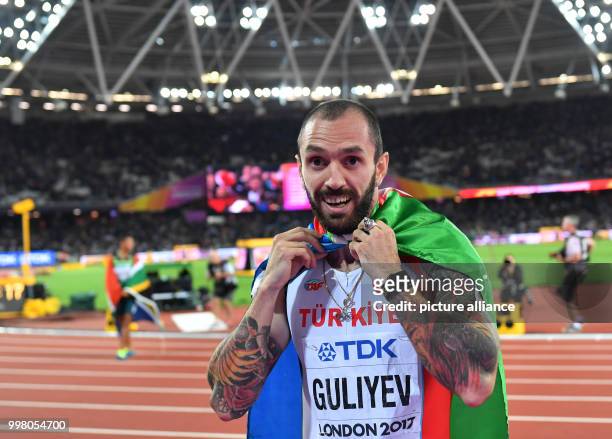 Ramil Guliyev from Turkey celebrating his victory at the men's 200 meter final at the IAAF World Championships, in London, UK, 10 August 2017. Photo:...